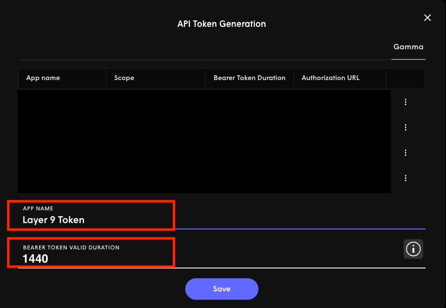 Token generation modal with the name field, Bearer Token valid duration, and region