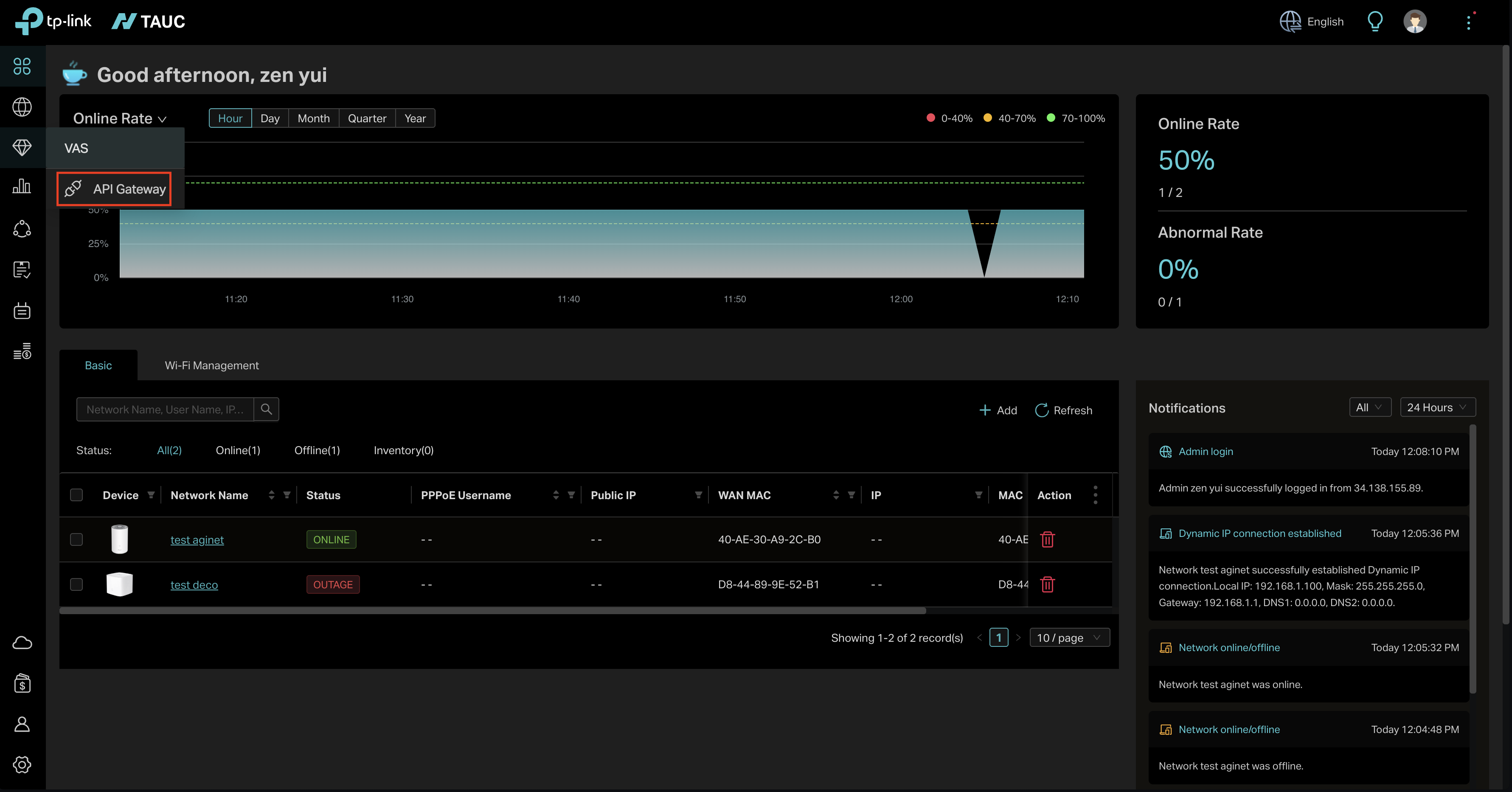 TAUC API Gateway navigation