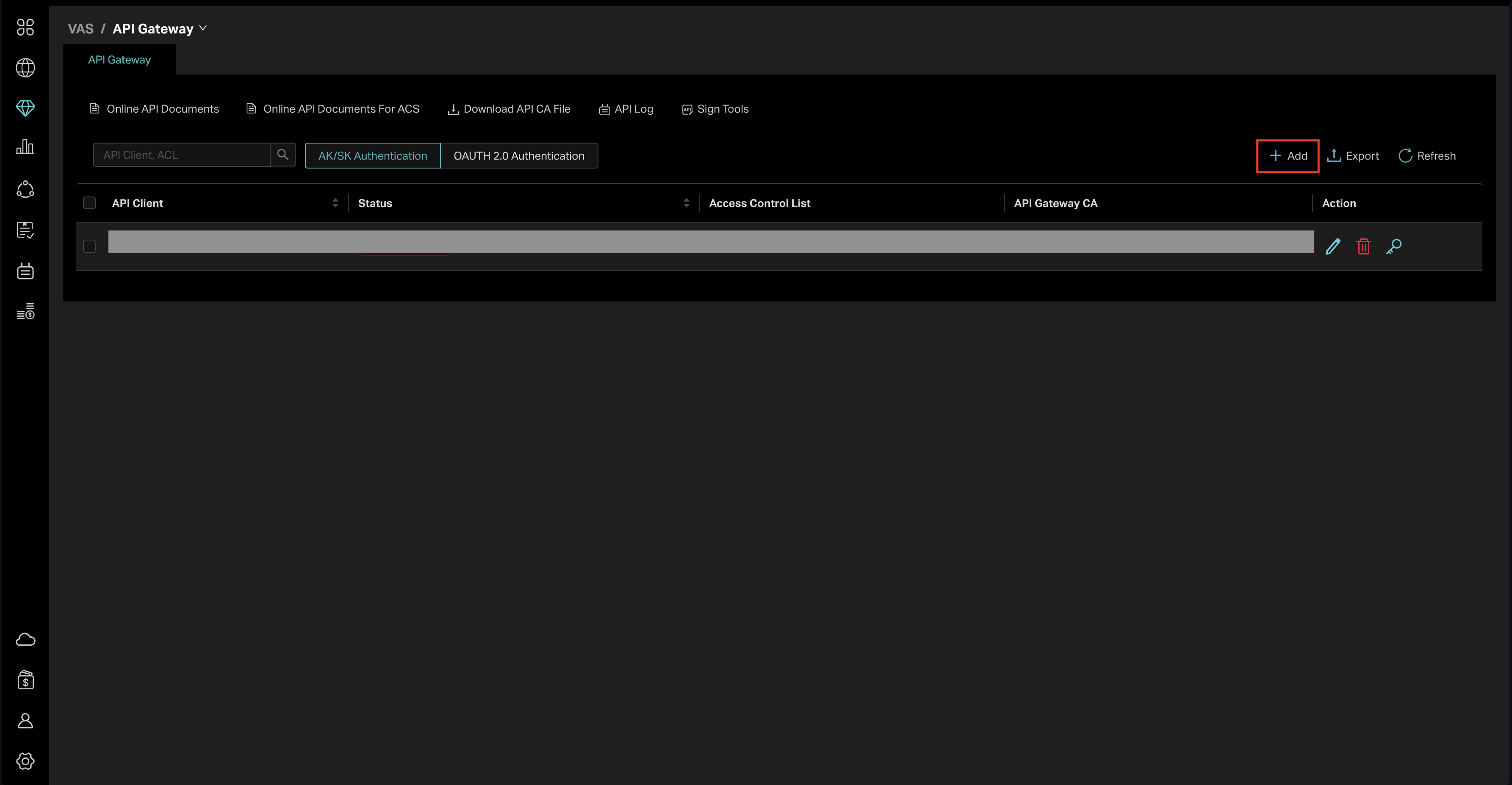 Create new API key button
