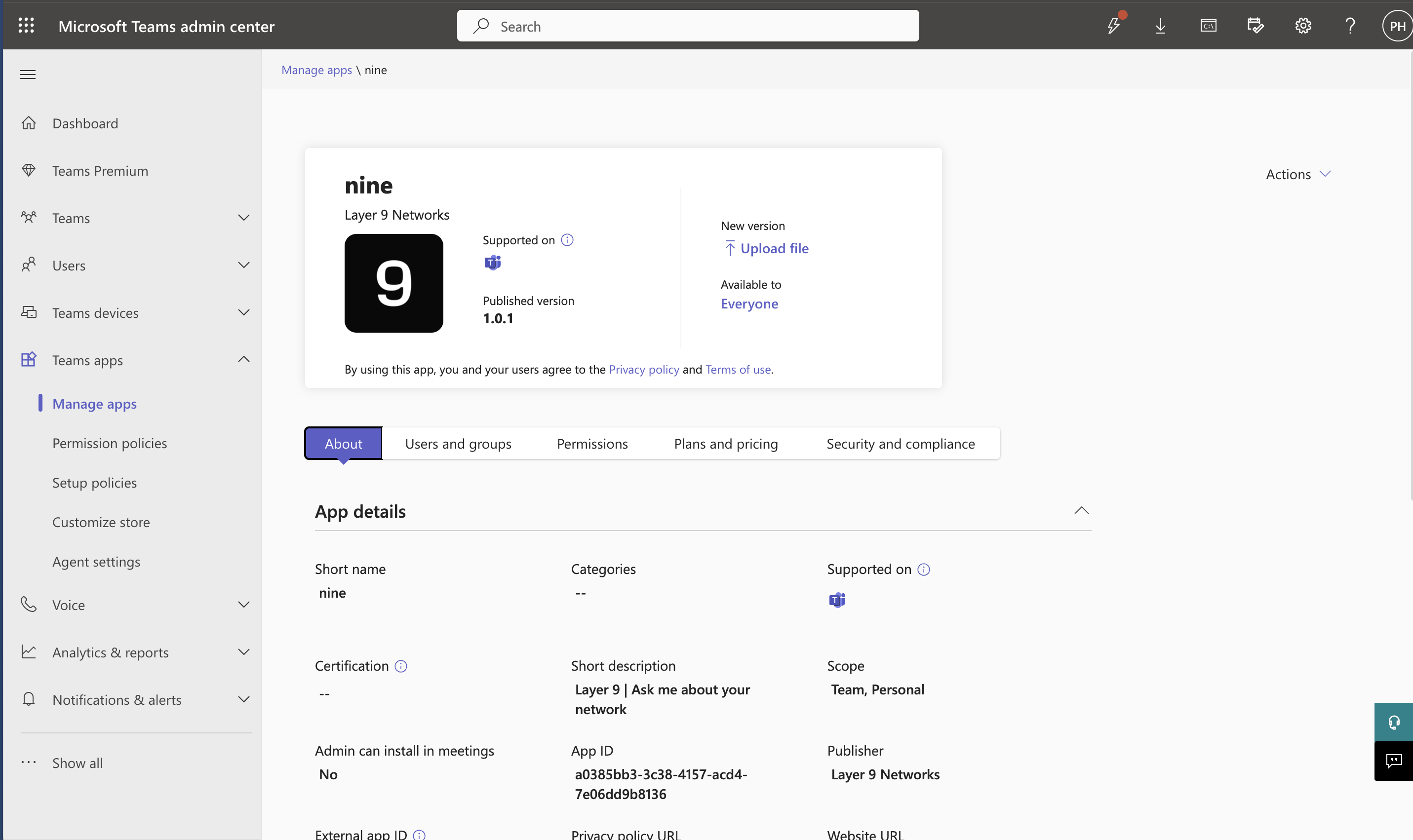Teams app management page