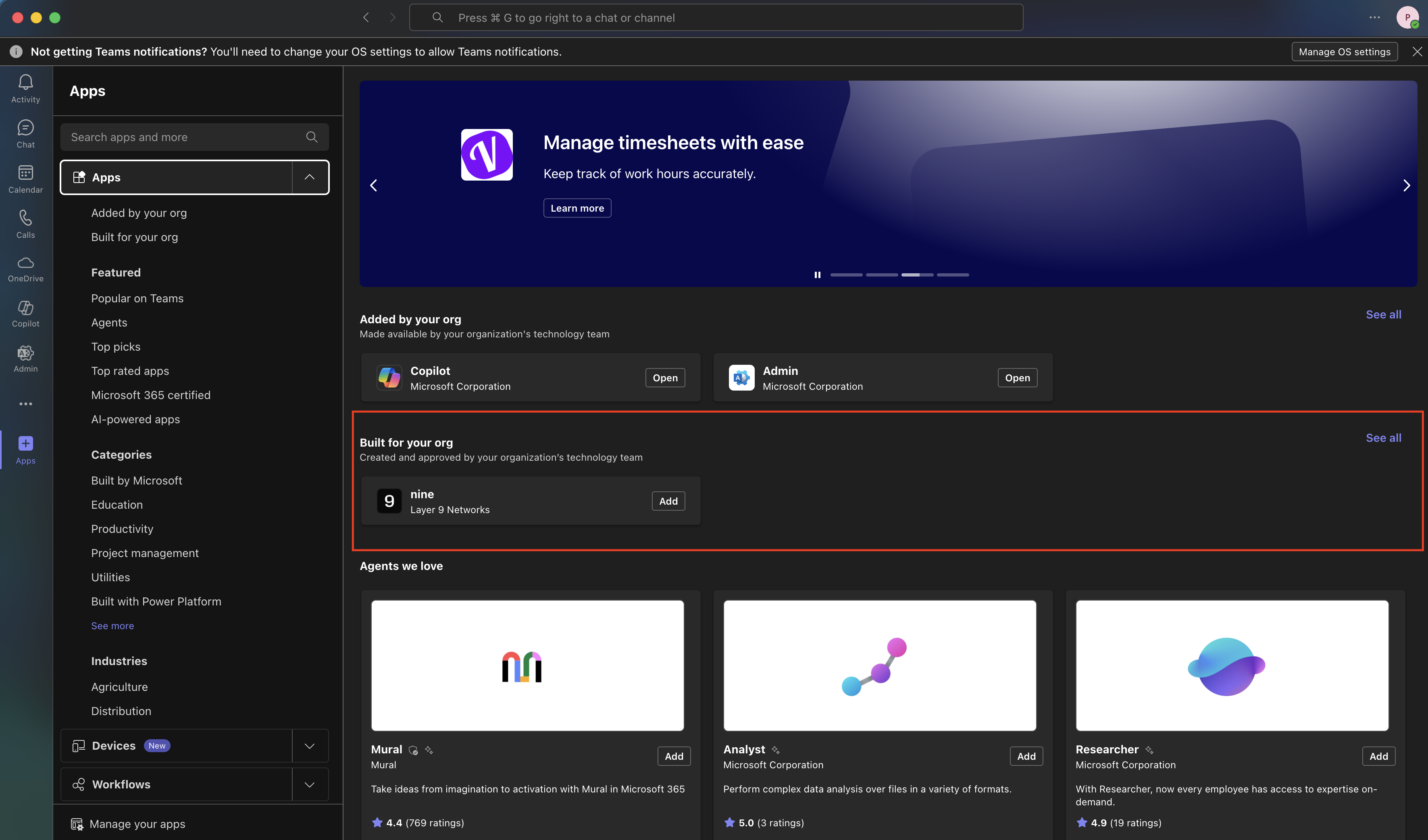 Made for your org section in the Teams app