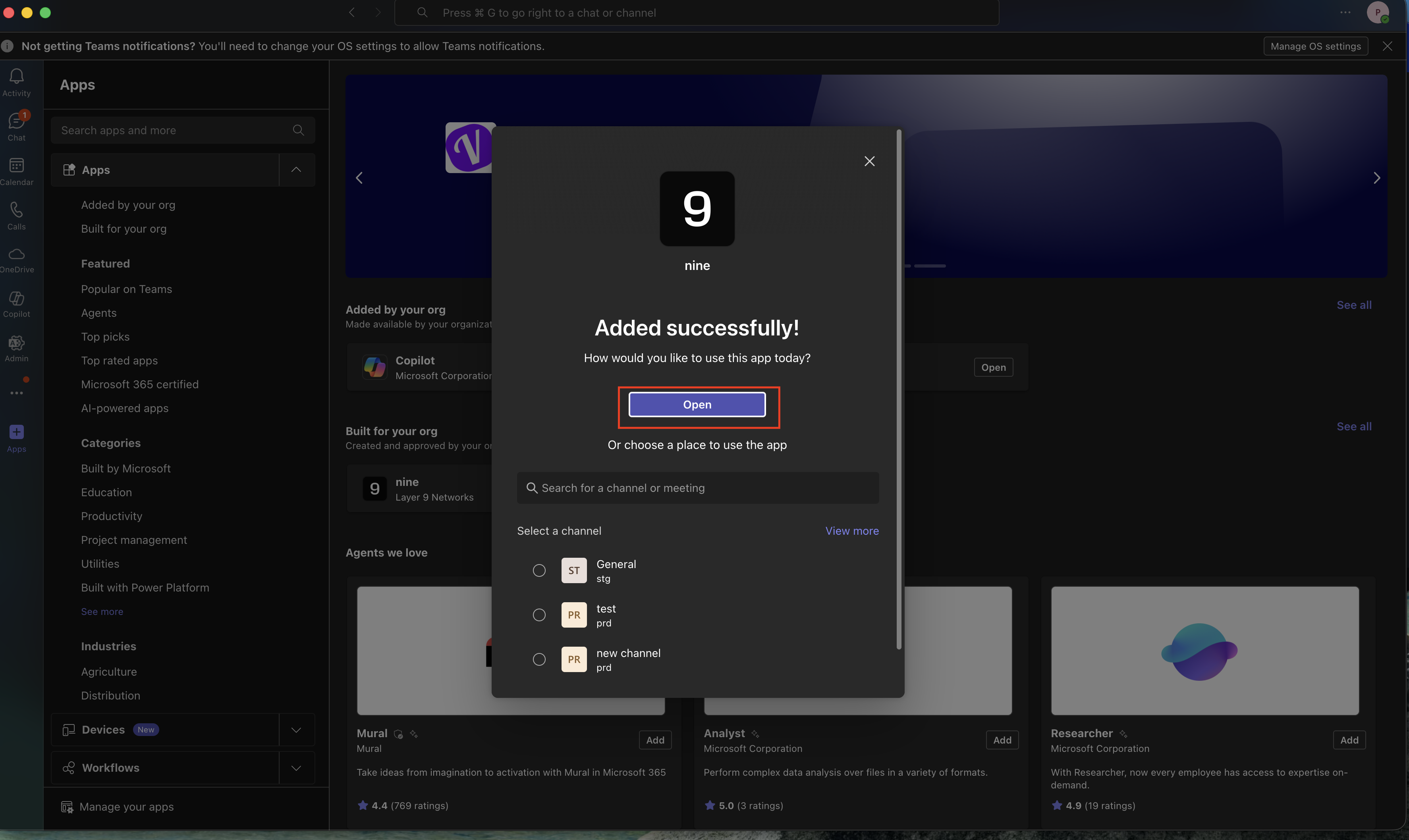 Success screen