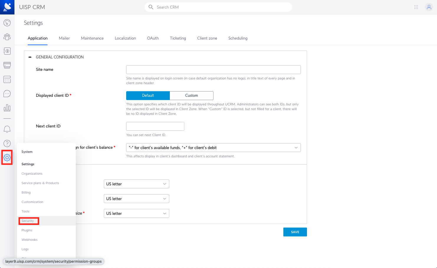 UISP CRM Security settings navigation
